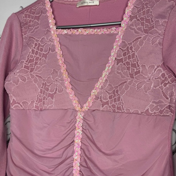 Garlvin blouse long sleeve floral lace cinch sequins stretchy rose blush pink - Picture 4 of 8